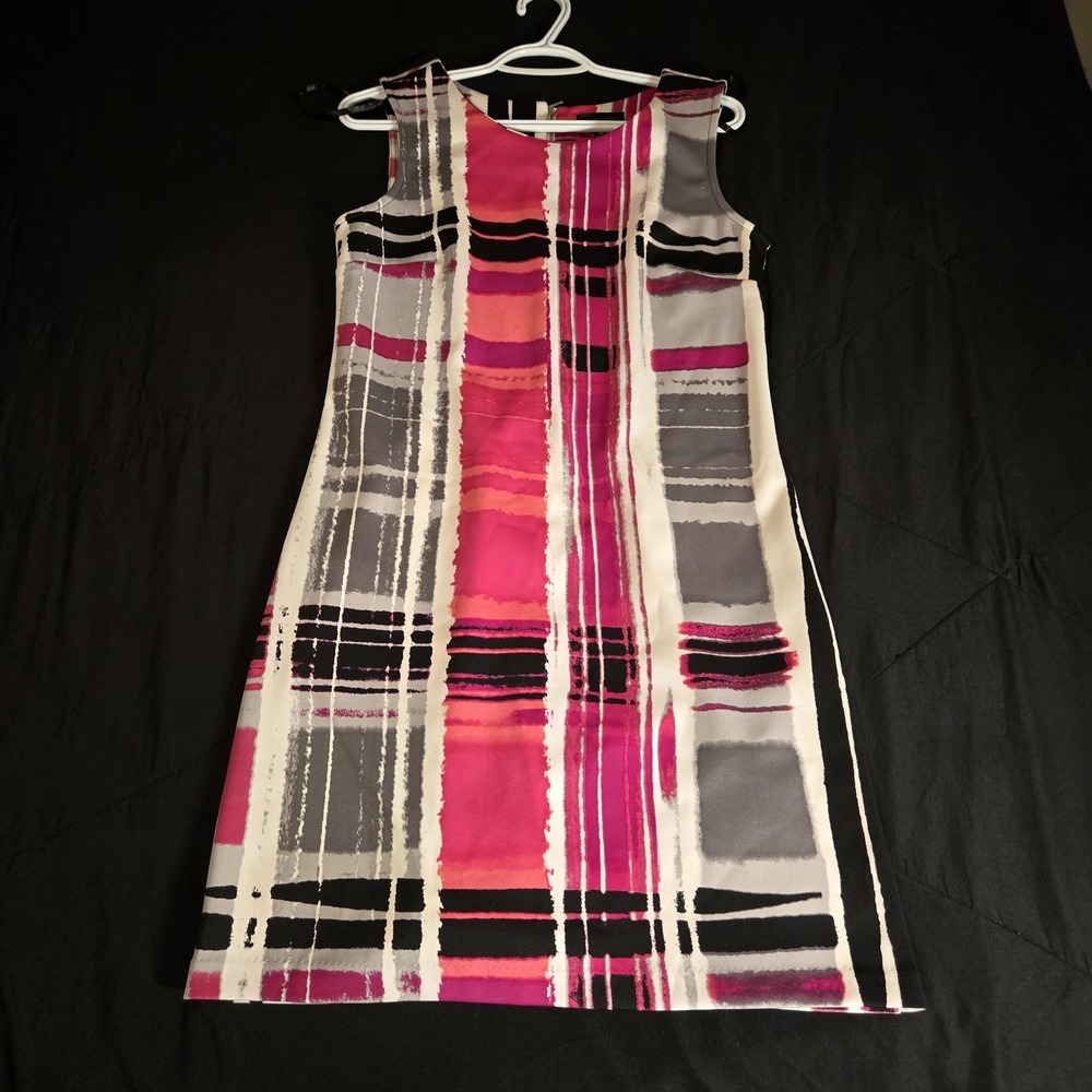 Worthington Dress Womens M Pink Plaid Sheath Sleeveless Knee Length Knit Work